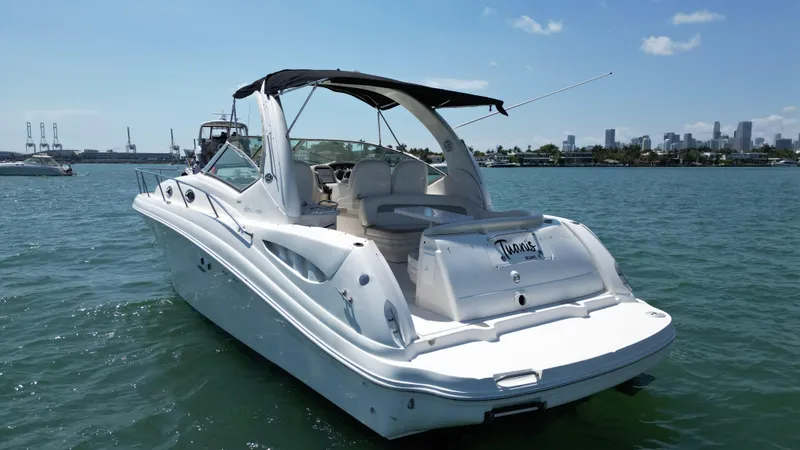 Slide: The Image of 2003 Sea Ray 340 Sundancer boat on water, city skyline in background. - 5