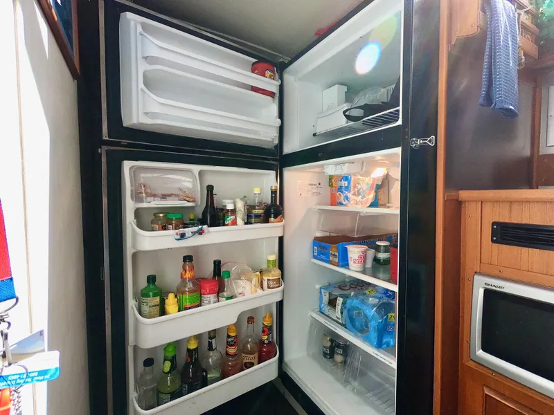 Slide: The Image of Open refrigerator on 1986 Bertram 46 Sportfisher, stocked with beverages and condiments. - 27