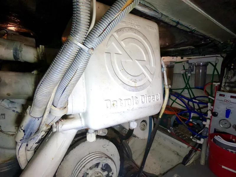 Slide: The Image of Engine room of 1986 Bertram 46 Sportfisher with Detroit Diesel components. - 39