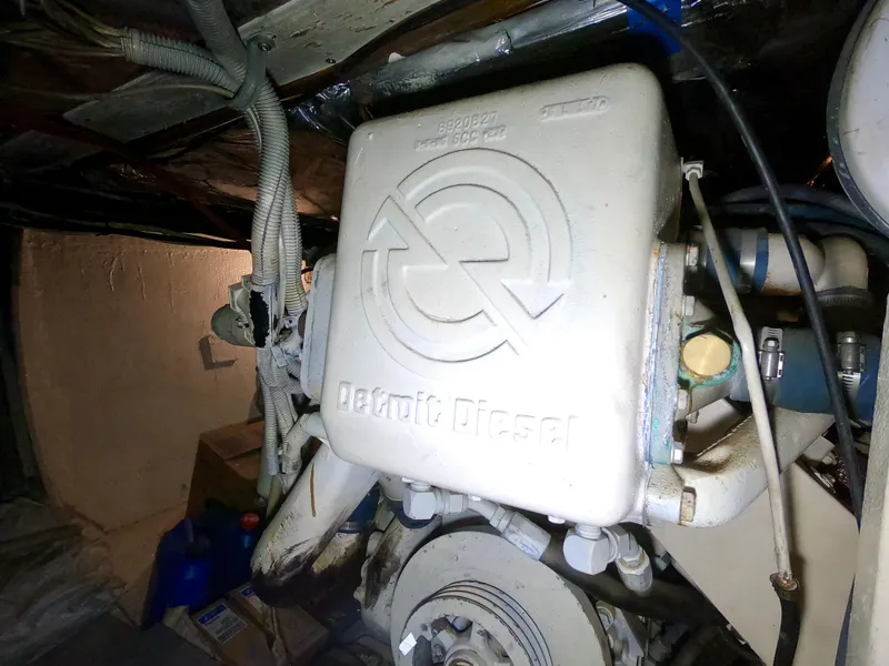 Slide: The Image of Engine compartment of a 1986 Bertram 46 Sportfisher with a Detroit Diesel engine. - 40