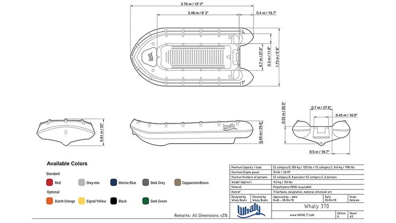 Slide: The Image of Blueprint of Whaly 370 boat, 2025 model, with dimensions and available color options. - 12