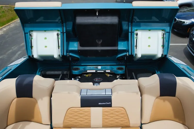 Slide: The Image of Interior view of 2025 MasterCraft X22 boat with open engine compartment. - 20
