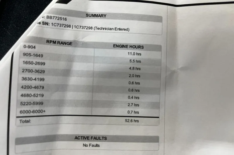 Slide: The Image of 2023 Lund 1650 Rebel XL SS engine report showing RPM range and hours, totaling 52.6 hours. - 24