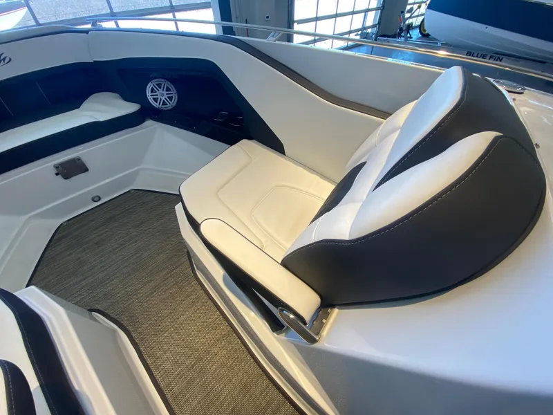 Slide: The Image of 2023 Monterey 298 Super Sport BR boat interior with sleek seating and modern design. - 42