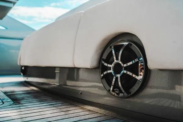 Slide: The Image of Luxury Pershing 70 yacht deck with sleek speaker, 2015 model. - 33