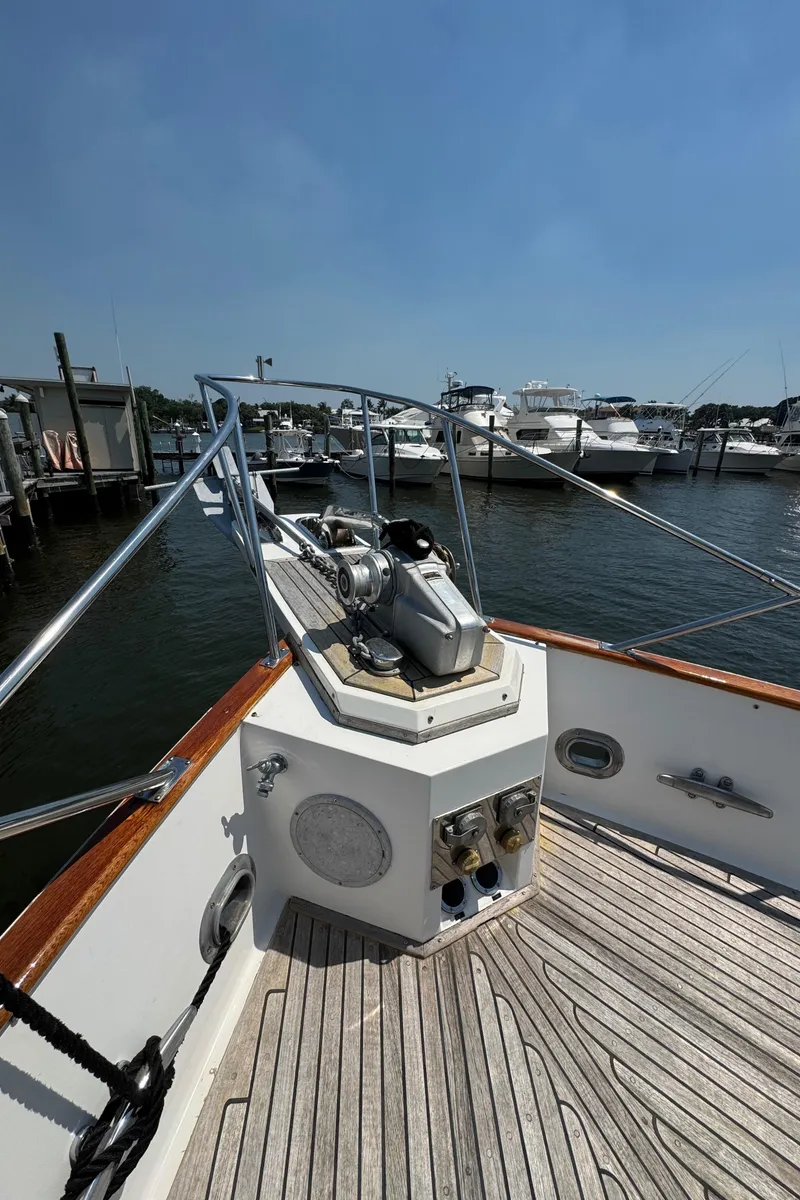 Slide: The Image of Bow view of Grand Banks 42 Classic yacht, year 2000. - 42