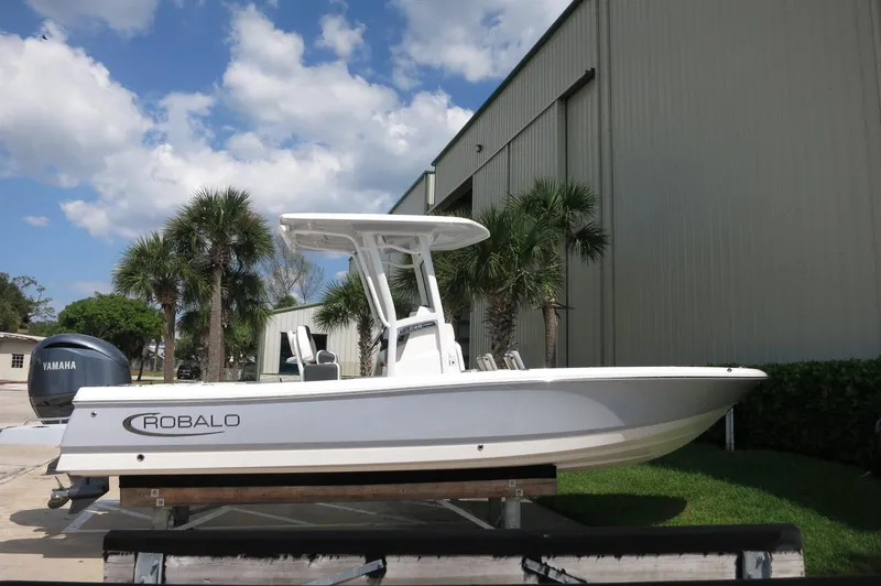 The Image of 2025 Robalo 246 Cayman boat displayed outdoors near a building with palm trees. - 1
