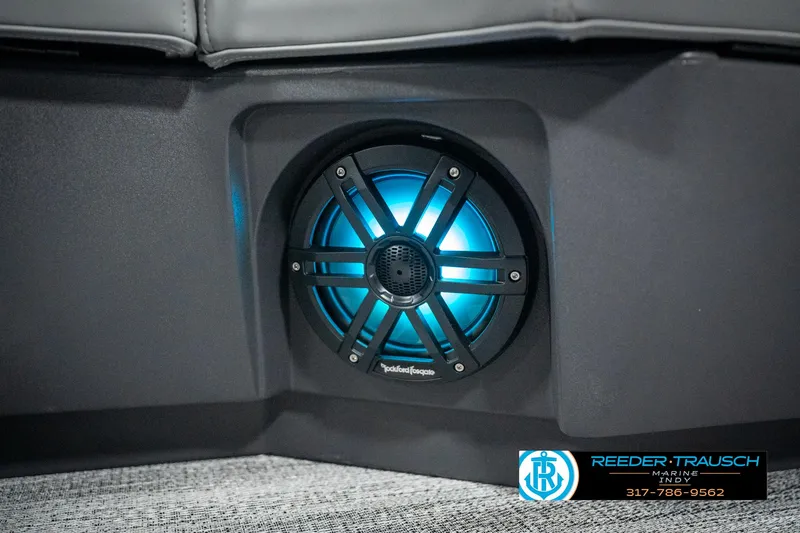 Slide: The Image of Speaker with blue LED lighting on 2025 Bennington 22 MFB boat interior. - 38