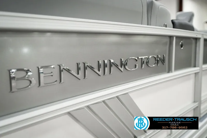 Slide: The Image of 2025 Bennington 22 MFB boat with sleek metallic branding detail. - 41