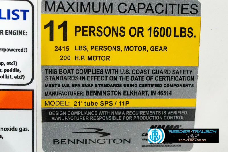 Slide: The Image of Capacity label for 2025 Bennington 22 MFB, 11 persons or 1600 lbs, 200 HP motor. - 48