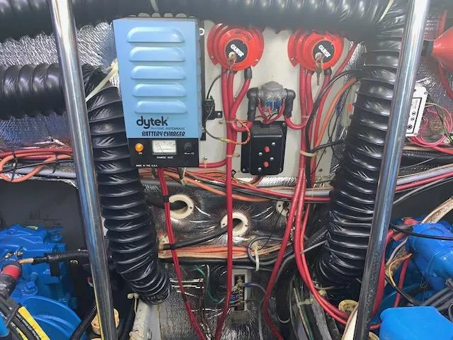 Slide: The Image of Engine room of 1994 Silverton 34 Express with Dytek battery charger and wiring. - 25