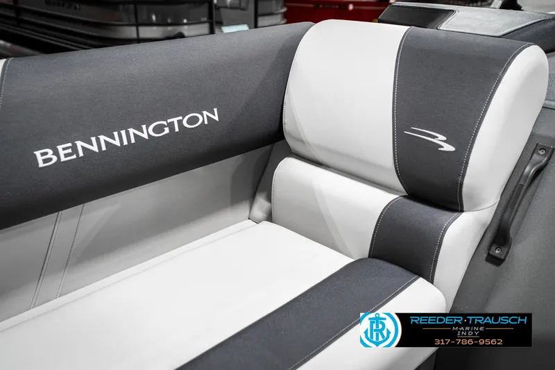 Slide: The Image of 2025 Bennington 22 SSB boat seat with logo, featuring sleek black and white design. - 40