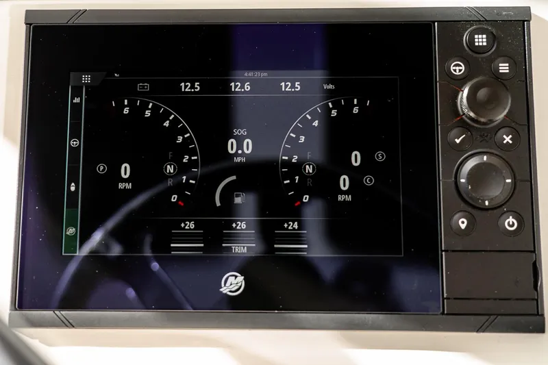Slide: The Image of Digital dashboard display of a 2021 Scout 355 LXF boat, showing RPM and voltage. - 21