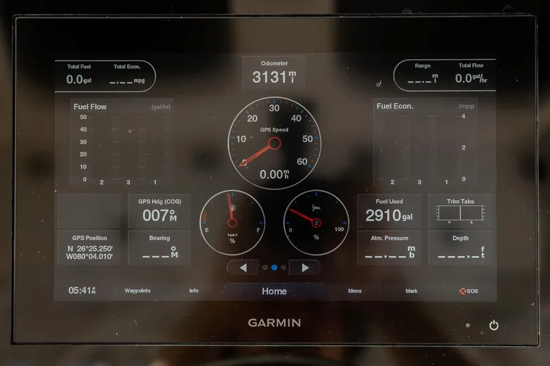 Slide: The Image of Garmin display showing navigation and fuel data for 2021 Scout 355 LXF boat. - 22