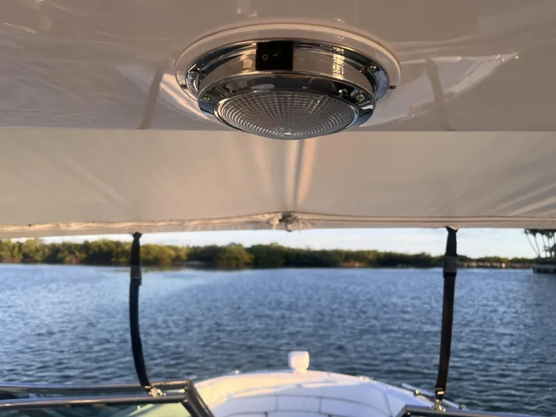 Slide: The Image of 2019 Regal 29 OBX boat canopy with light, overlooking serene lake view. - 28
