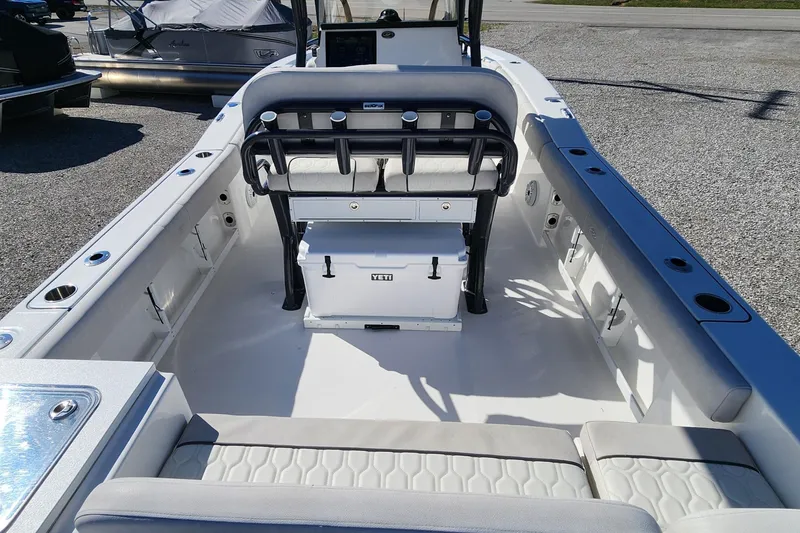 Slide: The Image of 2021 Sea Fox 248 Commander boat interior with seating and storage compartments. - 6