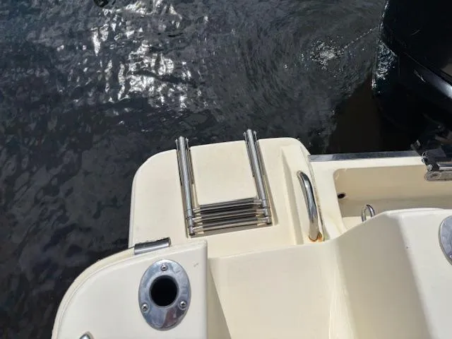 Slide: The Image of 2022 Scout 215 XSF boat with stainless steel swim ladder and water reflection. - 31