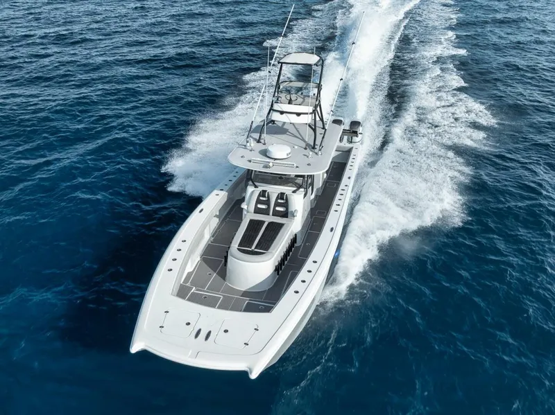 Slide: The Image of Freeman 42LR 2019 boat cruising on open ocean, aerial view. - 1