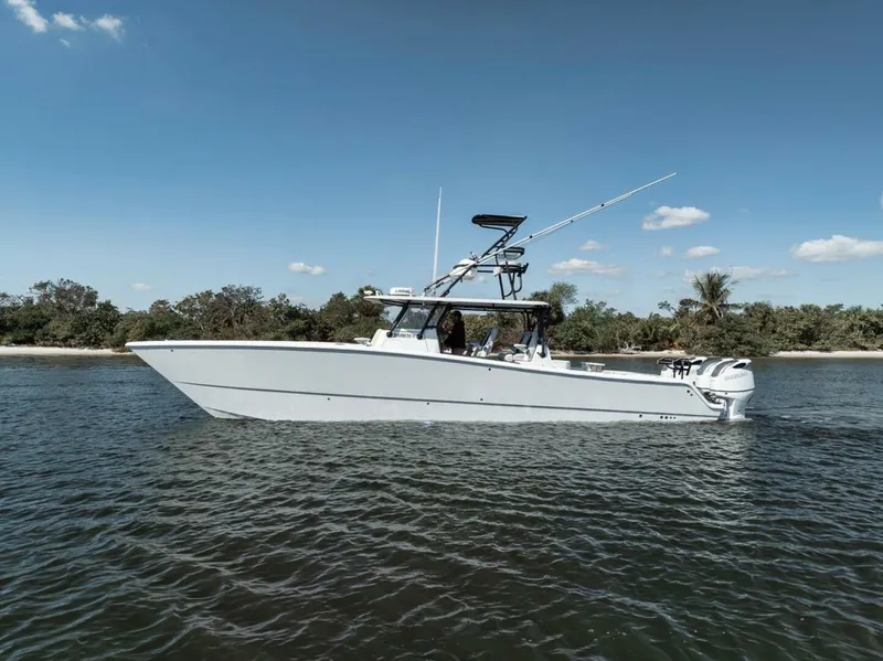 Slide: The Image of 2019 Freeman 42LR boat cruising on calm water near a tropical shoreline. - 12