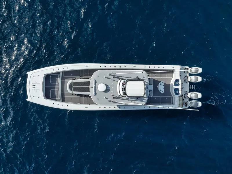 Slide: The Image of Aerial view of 2019 Freeman 42LR boat on deep blue ocean water. - 41