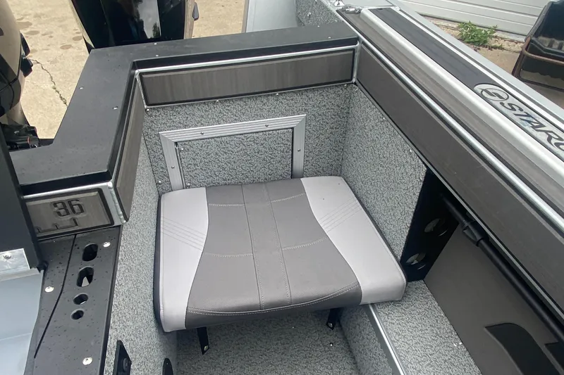Slide: The Image of 2025 Starcraft Fishmaster 196 boat seat, gray upholstery, modern design. - 4