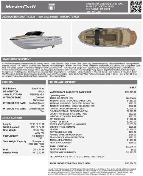 Slide: The Image of 2025 MasterCraft NXT23 boat specifications and pricing details, featuring sleek design and advanced features. - 3