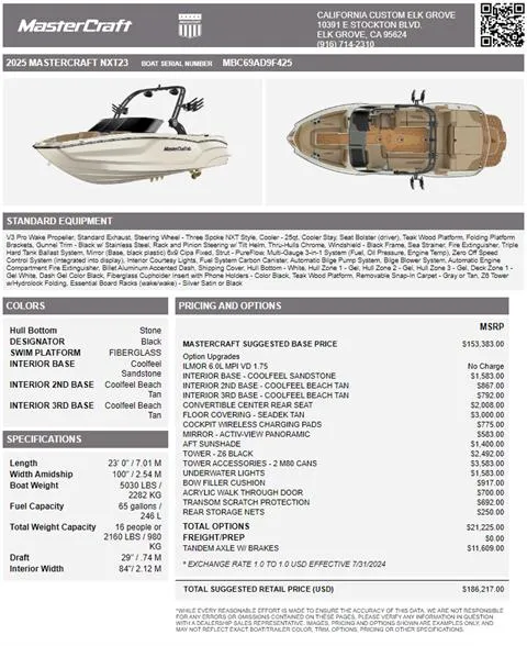 Slide: The Image of 2025 MasterCraft NXT23 boat specifications and pricing details sheet. - 12