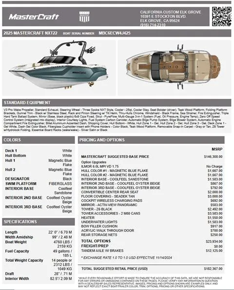 Slide: The Image of 2025 MasterCraft NXT22 boat parked outside dealership, rear view. - 2