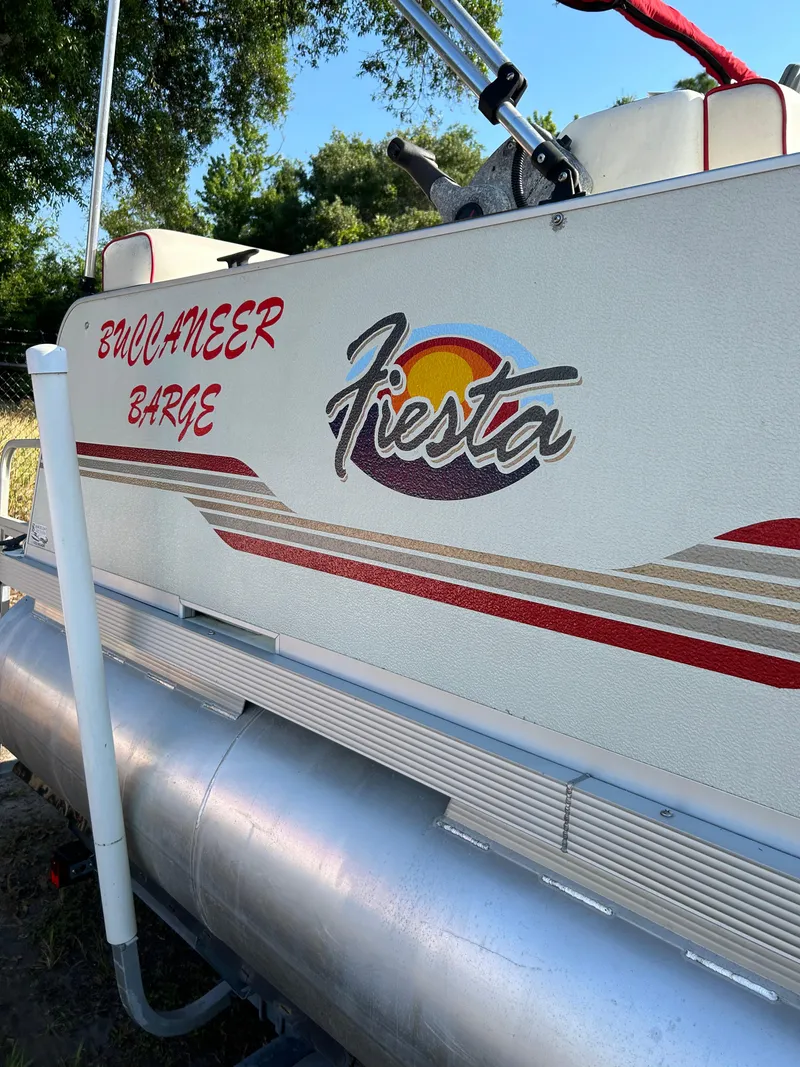 Slide: The Image of 2008 Fiesta Fish n Fun 16 Deluxe pontoon boat with "Buccaneer Barge" branding. - 4