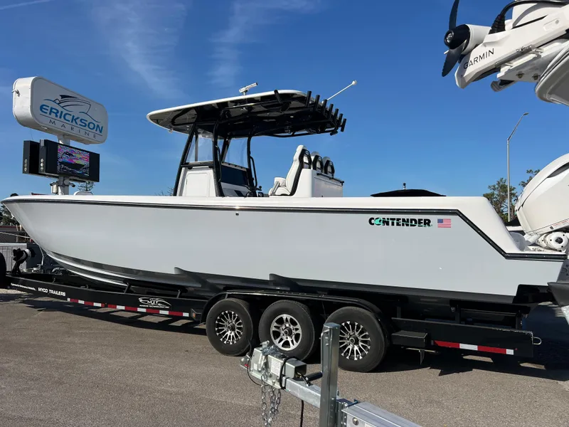 Slide: The Image of 2025 Contender 35 ST boat on trailer, displayed outdoors under clear blue sky. - 3