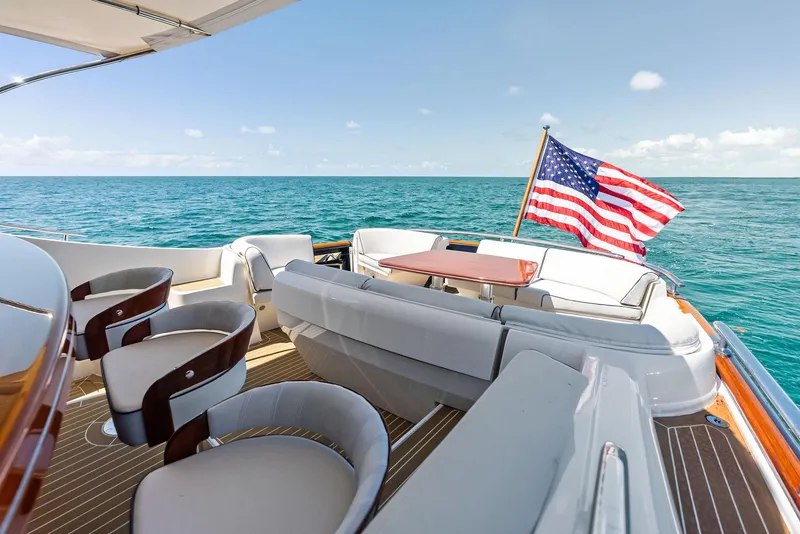Slide: The Image of Luxurious 2019 Zeelander 55 yacht deck with seating, ocean view, and American flag. - 18