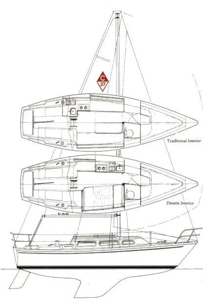 Slide: The Image of Blueprint of 1983 Catalina 27 sailboat, showcasing traditional and dinette interior layouts. - 19