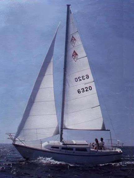 Slide: The Image of 1983 Catalina 27 sailboat on open water with white sails and clear blue sky. - 20