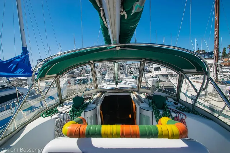 Slide: The Image of Beneteau Oceanis 35.1 sailboat docked in marina, view from cockpit, 1995 model. - 28