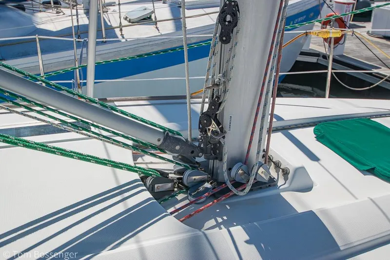 Slide: The Image of Close-up of Beneteau Oceanis 35.1 sailboat rigging, 1995 model, docked at marina. - 38