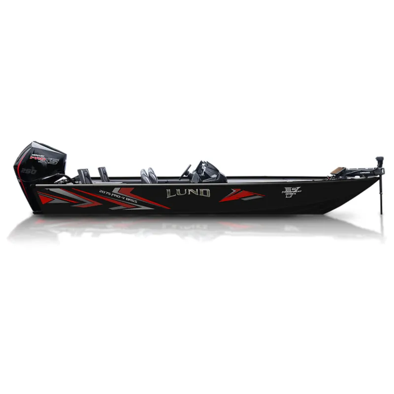Slide: The Image of 2025 Lund 2075 Pro-V Bass XS boat, sleek black design with red accents. - 43