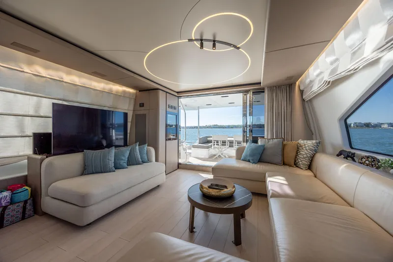 Slide: The Image of Luxurious interior of 2021 Azimut 72 yacht with modern furnishings and ocean view. - 19