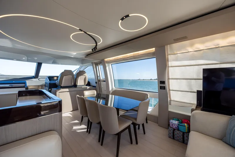 Slide: The Image of Luxurious interior of 2021 Azimut 72 yacht with modern dining area and ocean view. - 20