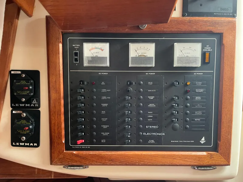 Slide: The Image of Electrical control panel on a 1986 Bristol 38.8 yacht, featuring gauges and switches. - 15