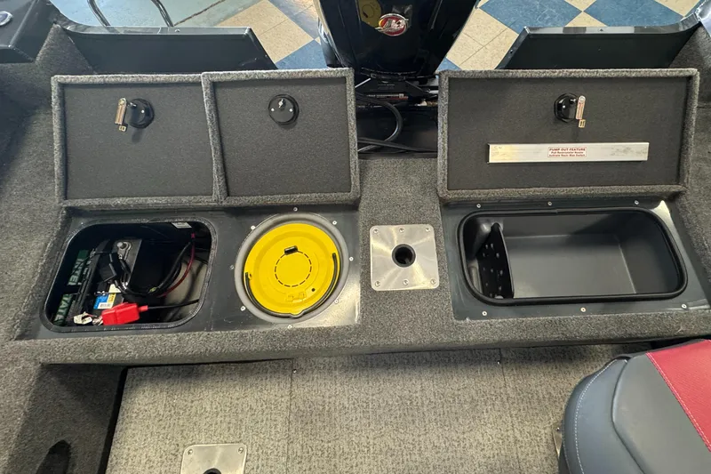 Slide: The Image of 2023 Ranger VS1782 Angler boat storage compartments and battery area. - 21