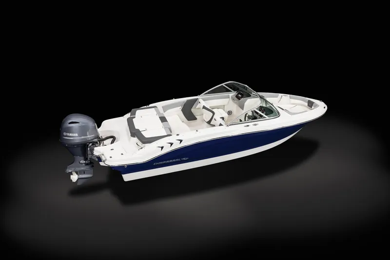 Slide: The Image of 2024 Chaparral 19 SSi boat with Yamaha outboard motor, sleek design on black background. - 21