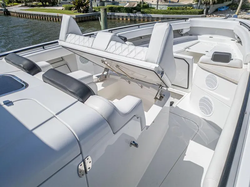 Slide: The Image of Luxury interior of 2020 HCB 53 Sueños boat with seating and storage. - 31