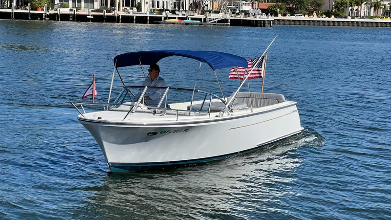 Slide: The Image of 2013 Vanquish 24 Runabout boat cruising on calm water with flags and blue canopy. - 3