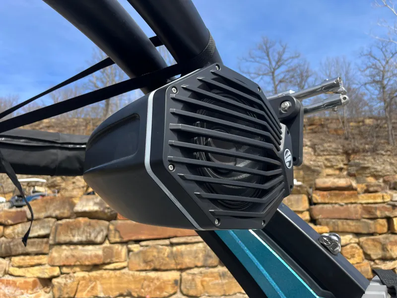Slide: The Image of 2023 Tigé 22RZX boat speaker with protective grille, mounted on a sleek frame. - 15
