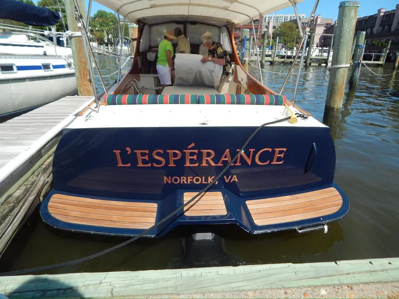 Slide: The Image of Hinckley Classic 36 Picnic Boat, 2001, docked in Norfolk, VA, named L'Espérance. - 2
