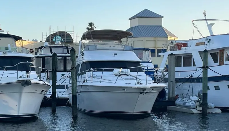 Slide: The Image of 1995 Sea Ray 500 Sedan Bridge yacht docked at marina, surrounded by other boats. - 3