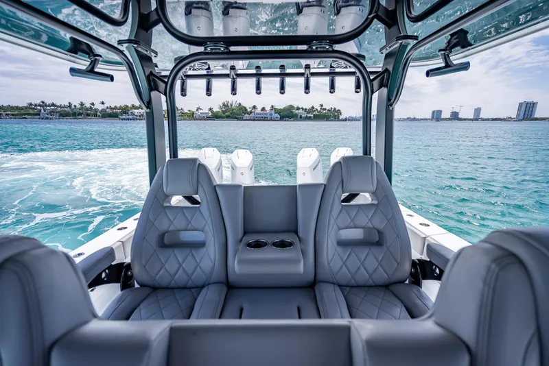 Slide: The Image of Luxurious interior of 2024 Freeman 43 boat with ocean view and plush seating. - 29