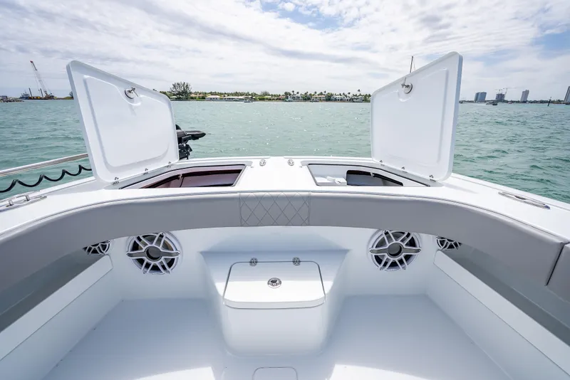 Slide: The Image of 2024 Freeman 43 boat interior with open storage compartments, speakers, and ocean view. - 43