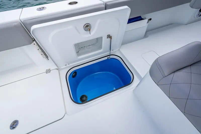 Slide: The Image of 2024 Freeman 43 boat with open storage compartment and blue interior. - 44
