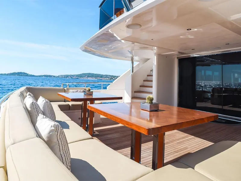 Slide: The Image of Luxurious yacht deck with seating, tables, and ocean view, 33rd Strike Group model1123, 2026. - 8